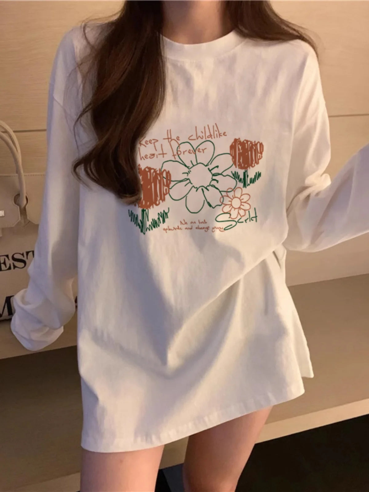 Women’s Long Sleeve Cotton T-Shirt | Fleece-Lined White Base Layer | Loose Fit Autumn Inner Wear