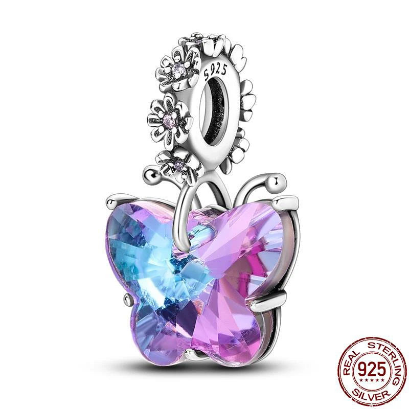 925 Sterling Silver Purple Flower & Butterfly Dangle Charm | Bead for 4MM Bracelet or Necklace DIY Jewelry Gift