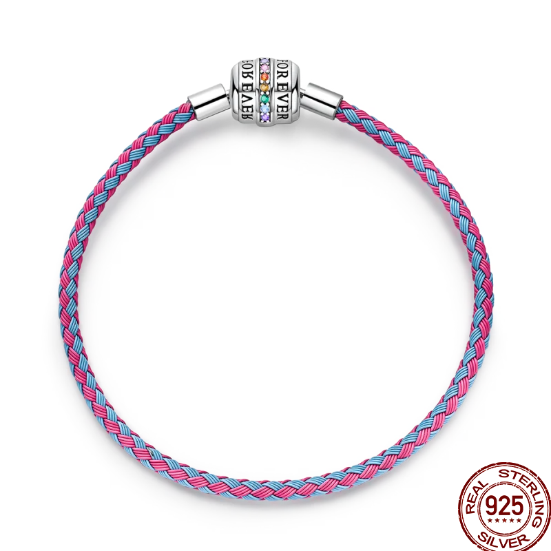 925 Sterling Silver Rainbow Leather Braided Bracelet | Eternal Love Stars & Moon Charm – DIY Women’s Beaded Jewelry Gift