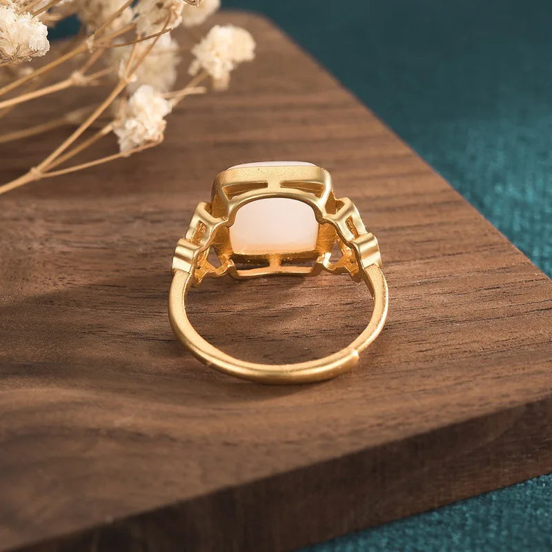 PANJBJ 925 Sterling Silver Hotan Jade Geometric Adjustable Ring | Retro Delicate Jewelry Gift for Women
