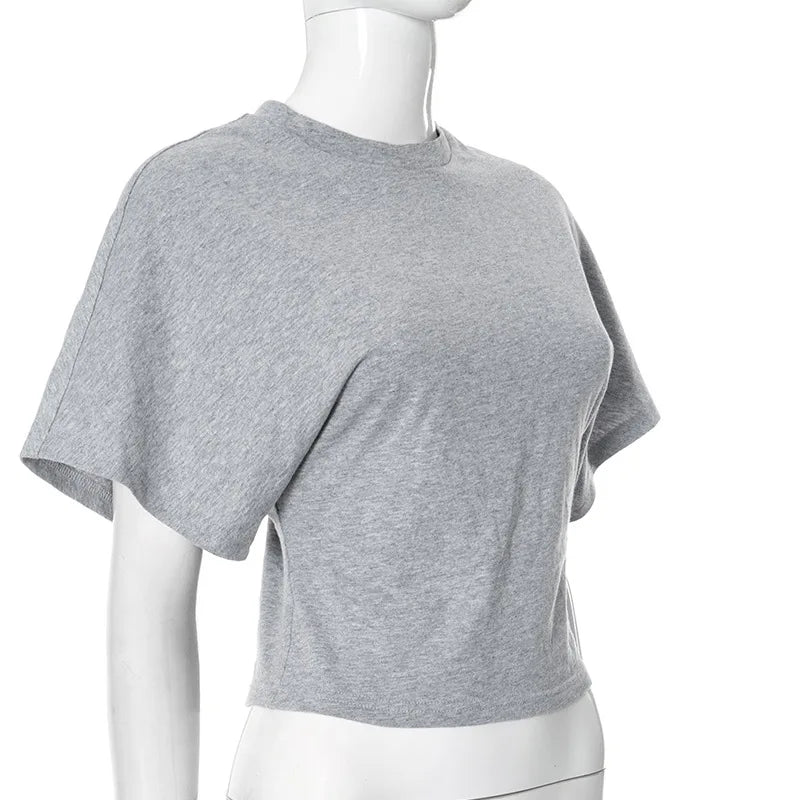 2025 Solid Gray Cropped T-Shirt for Women | Casual O-Neck Corset Top | Streetwear Short Sleeve Summer Tee