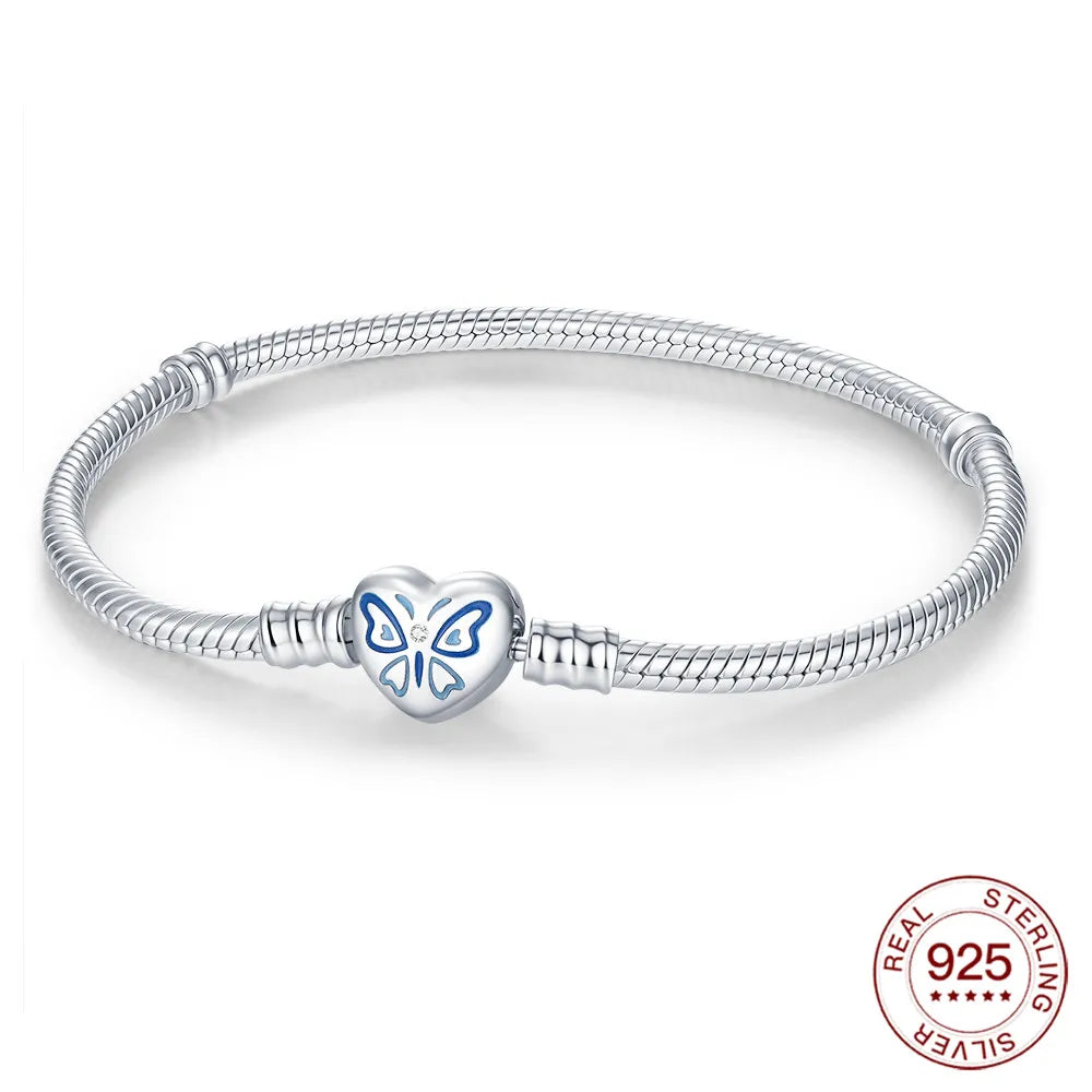 925 Sterling Silver Drop Rubber Bracelet | Love Butterfly & Clover Charm for Women’s DIY Jewelry & Gift