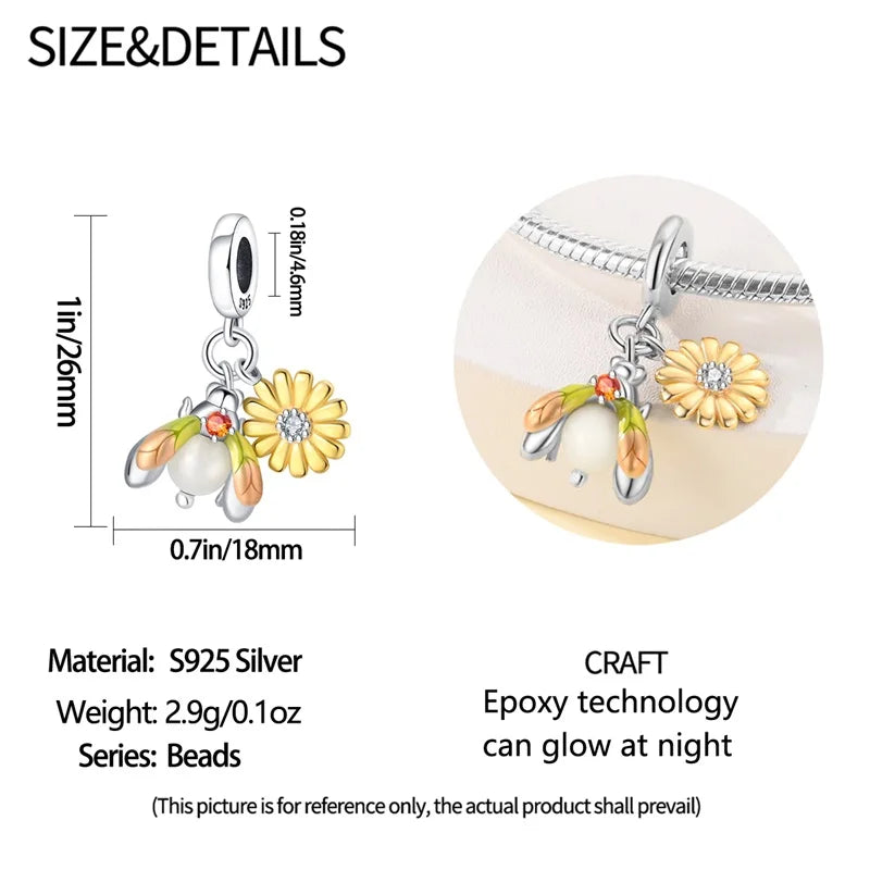 925 Sterling Silver Glow-In-The-Dark Firefly Charm | Fits 3mm Original Bracelet Women’s DIY Jewelry