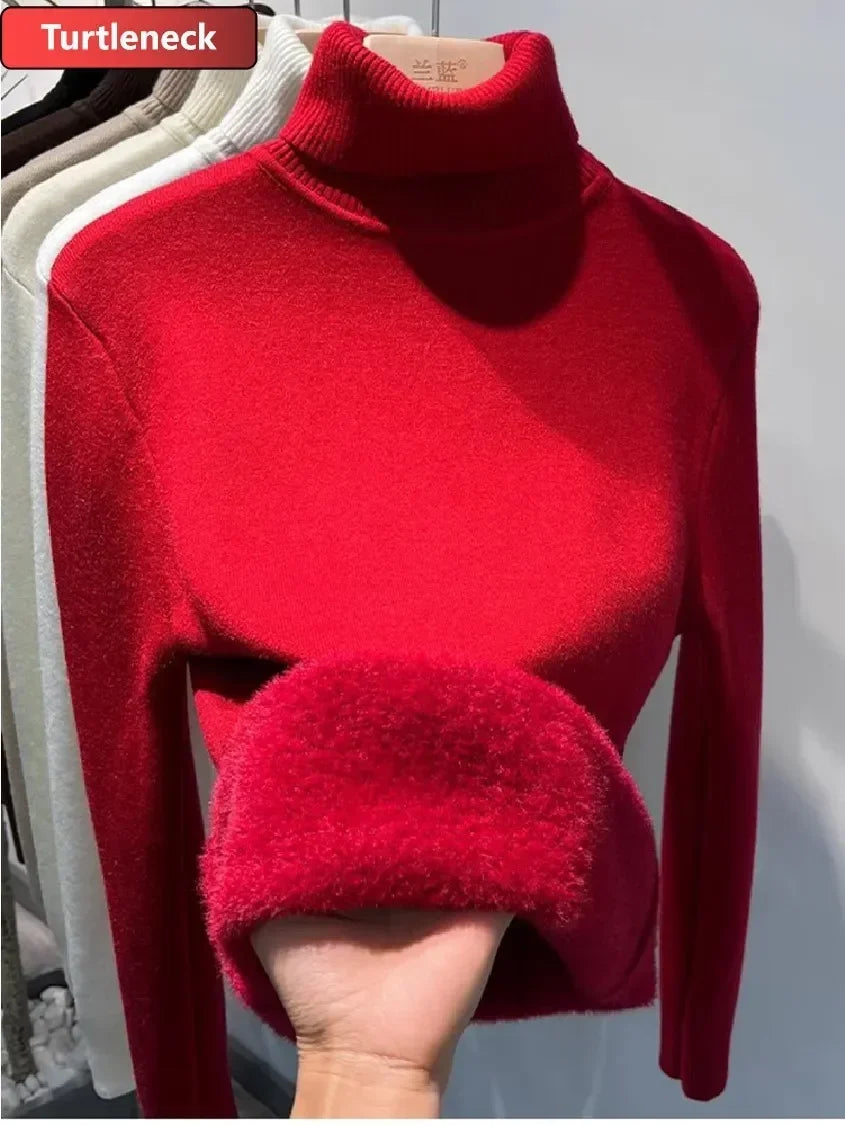Women Winter Thicken Turtleneck Sweater – Slim Knit Plush Velvet Lined Warm Pullover Jumper