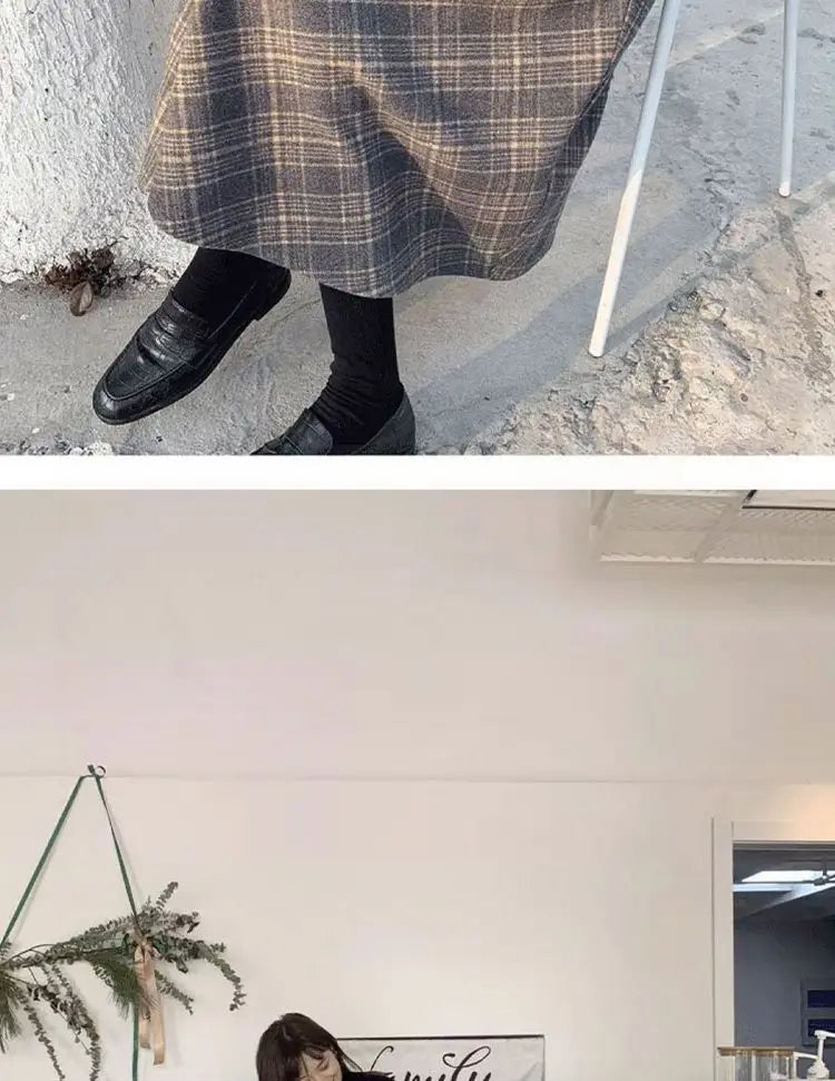 Retro Plaid  Skirt Women's Autumn Winter New A-Line Umbrella Skirt Wrap around Mid-Length Small Size f-length Skirt
