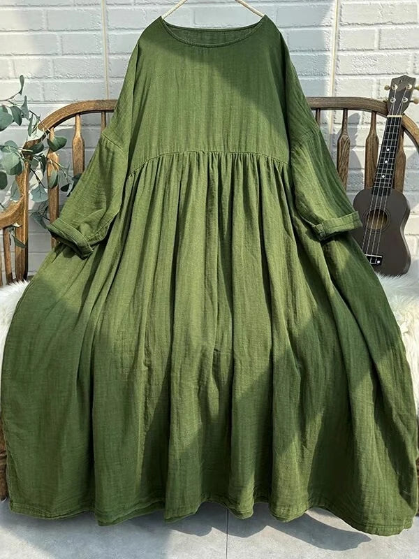 Artistic Vintage Plus Size Women's Long Dress – High Waist Loose A-Line Doll Dress, Ethnic Style Commuter Mid-Length Skirt