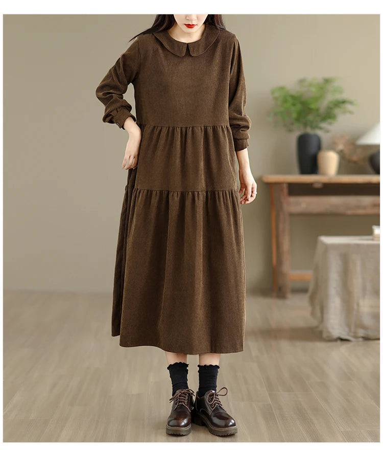 Corduroy Long Sleeve Doll Collar Dress 👗 Autumn Winter Loose A-Line Casual Midi Dress 🍂 Simple Chic Commute Dress