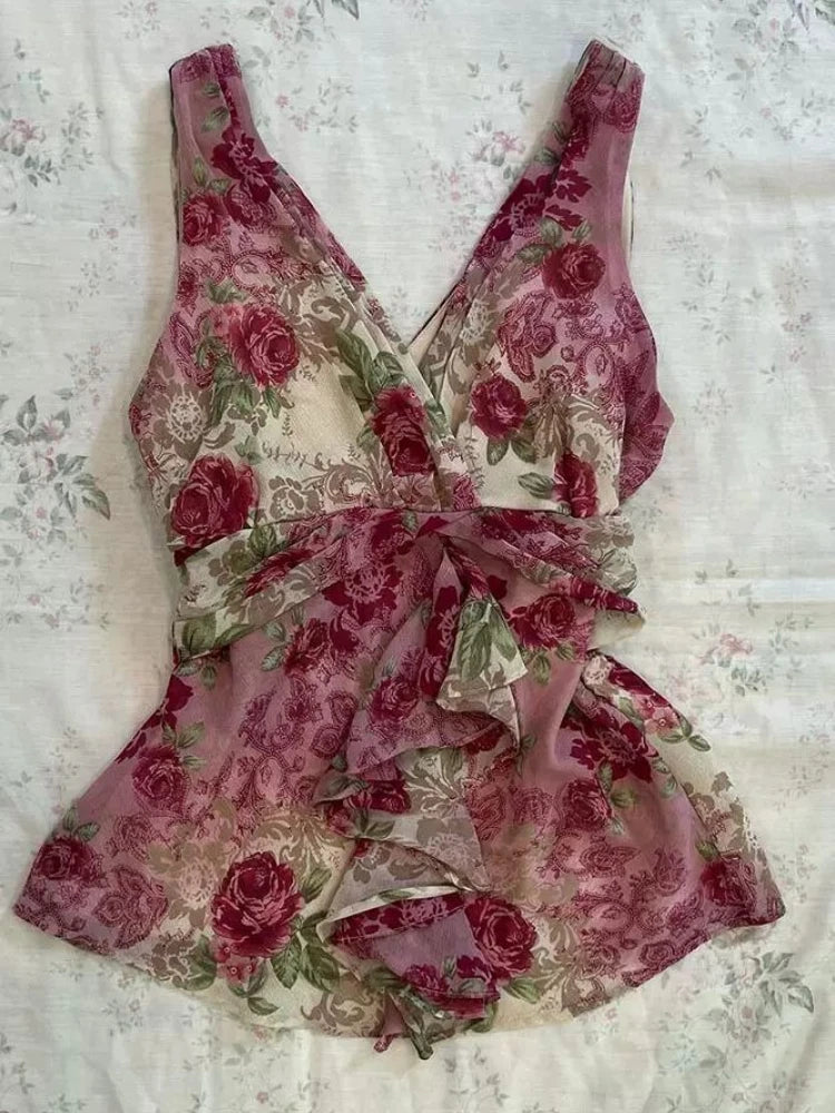 2025 Summer Women’s Floral Halter Lace Blouse – Vintage Sexy Slim Fit Korean Fashion Top
