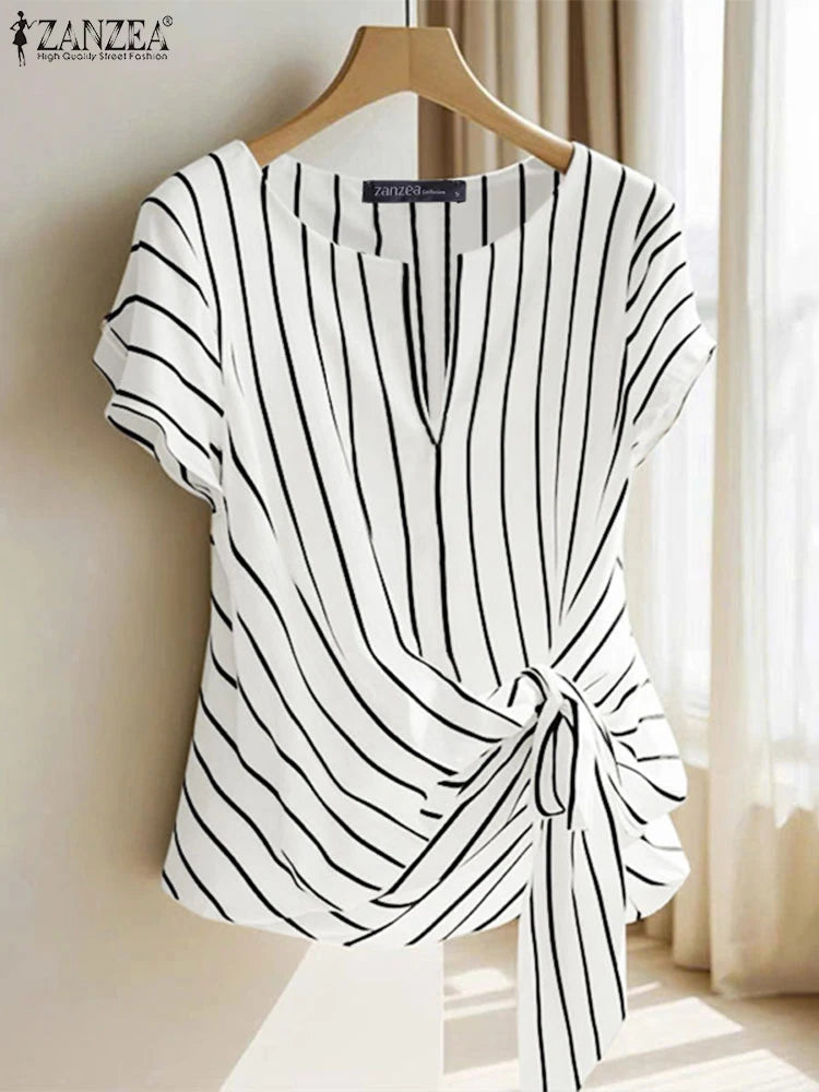 Fashion Stripe Blouse 2025 ZANZEA Women’s V-Neck Short Sleeve Summer Top – Elegant OL Work Shirt 👚✨