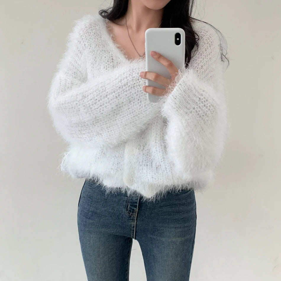 Chic V-Neck Knitted Sweater Coat for Women 🧥✨ Faux Fur Lazy Style Cardigan 💖 Autumn Winter Fashion Outerwear