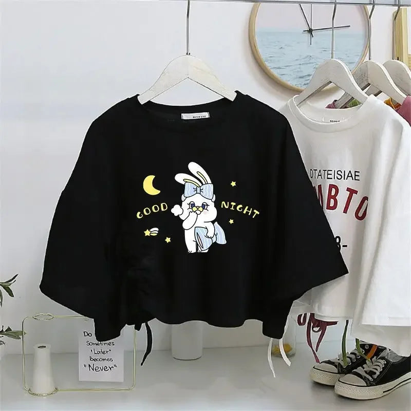 Women’s Drawstring Cotton T-Shirt | Loose O-Neck Drop Sleeve Pullover | Spring Summer Casual Solid Knit Top