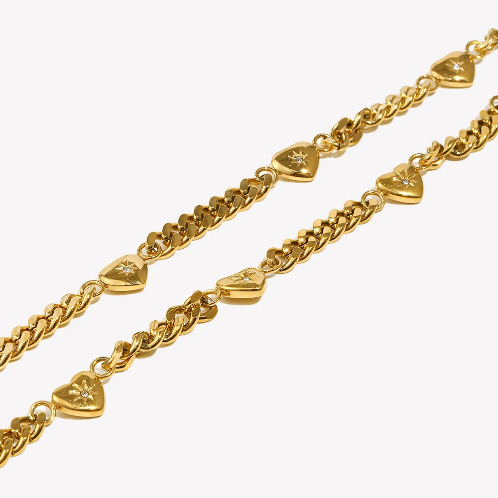 18K Gold Plated Stainless Steel Ocean Heart Cuban Chain Bracelet for Women – Zircon Paved Bangle