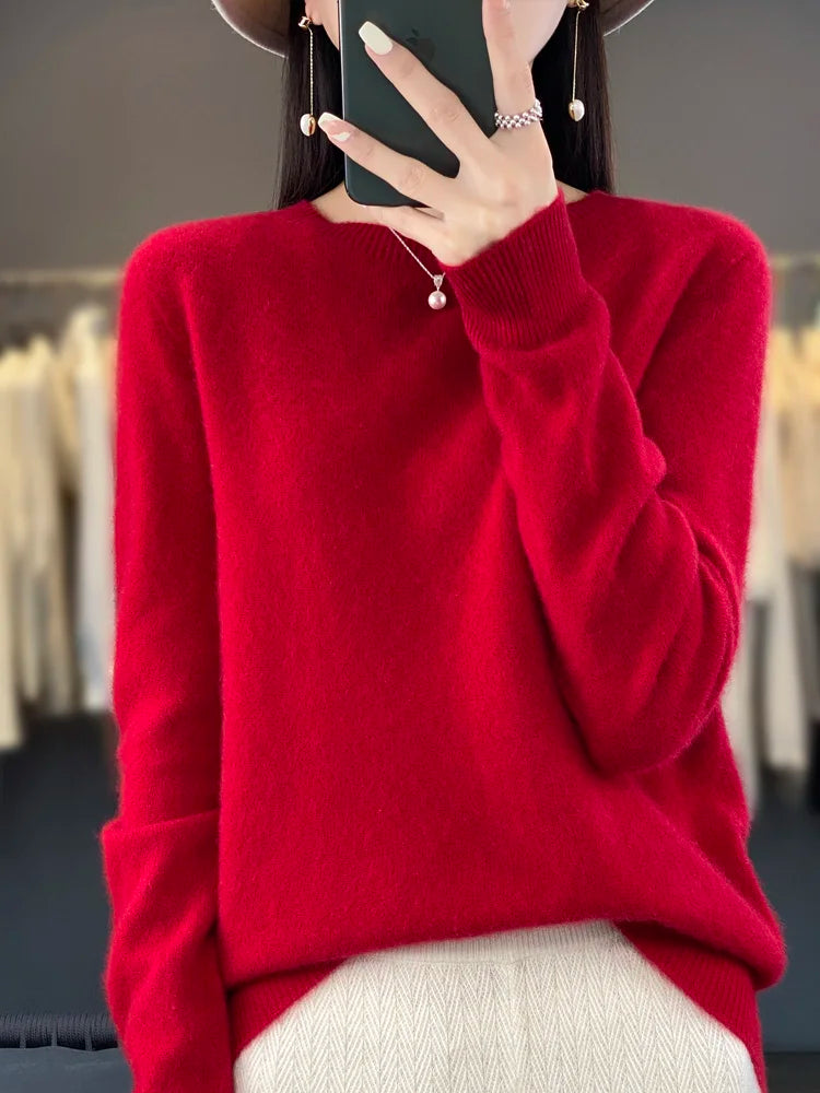 Women’s 100% Merino Wool O-Neck Cashmere Sweater – Autumn & Winter Casual Knitted Pullover 🍂🧶