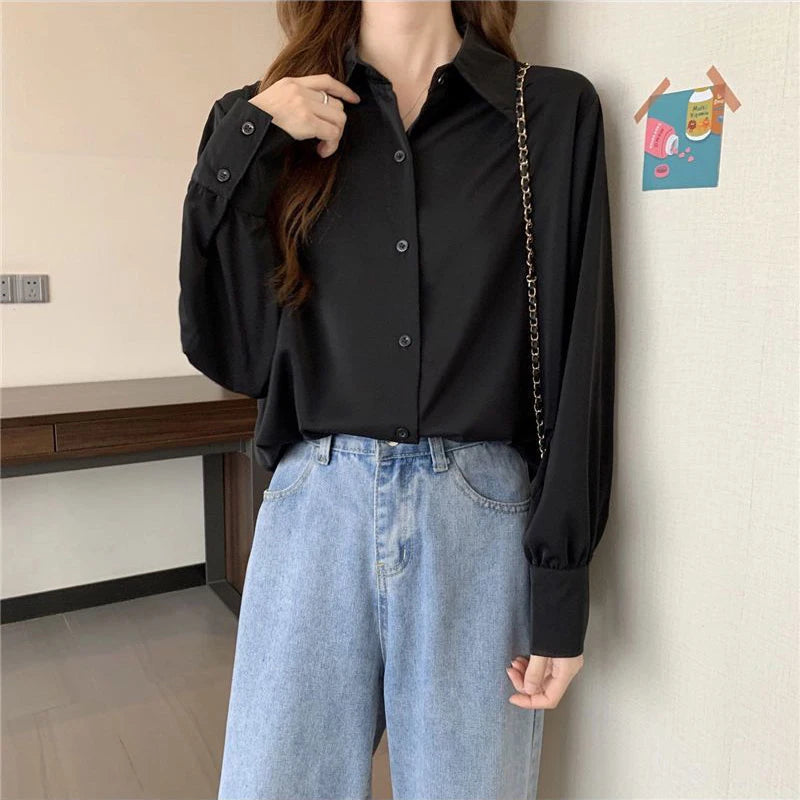 Women’s Chiffon White Shirt – Korean Fashion Loose Long Sleeve Elegant Office Blouse 🤍✨