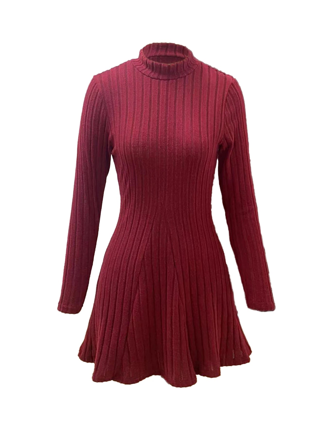 Women’s Slim Fit Half High Collar Dress – Waist Cinched A-Line Pit Stripe Long Sleeve Elegant Autumn Winter Dress