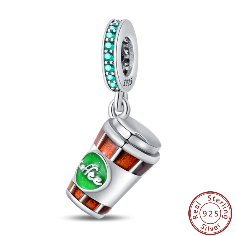 925 Sterling Silver Dessert Afternoon Tea Charm – Coffee, Cake, Pizza & Fries Beads Fit Original Pandora Bracelet DIY Jewelry