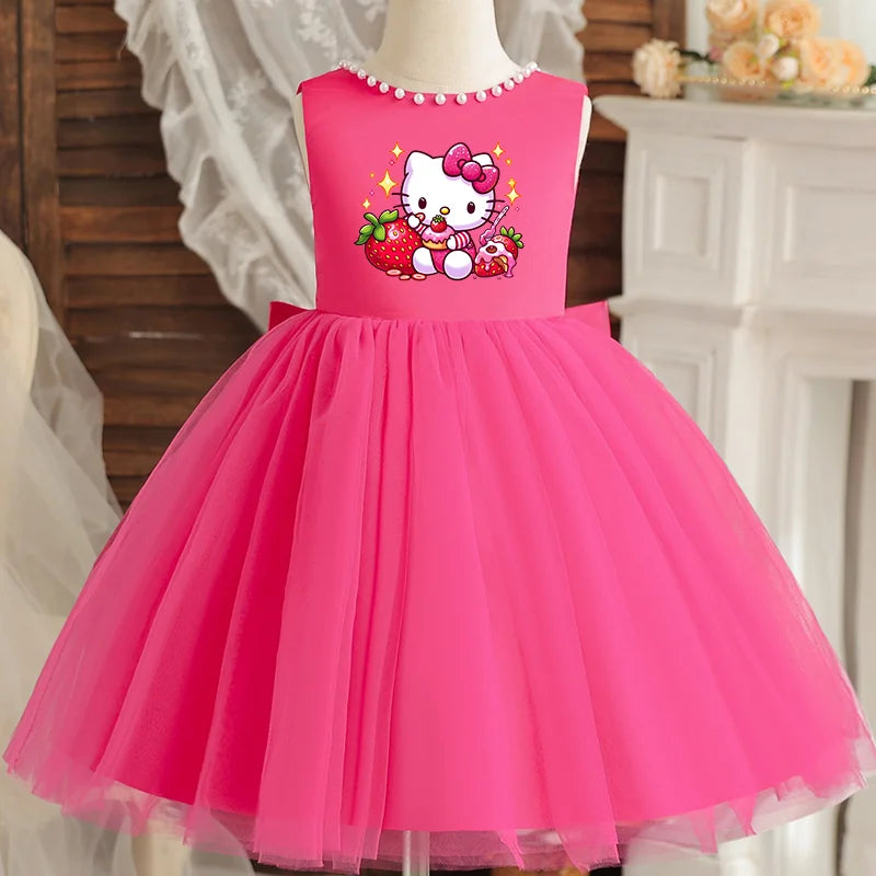Hello Kitty Kids Pearls Elegant Princess Dress for Girls Backless Bow Baby 1st Birthday Baptism Tutu Gown Wedding Dress