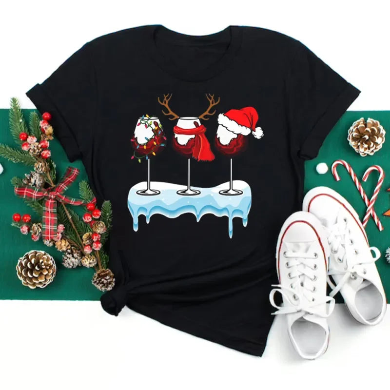 Women’s Christmas Wine Glass T-Shirt | Funny Holiday Black Tee Xmas Gift Top 2025