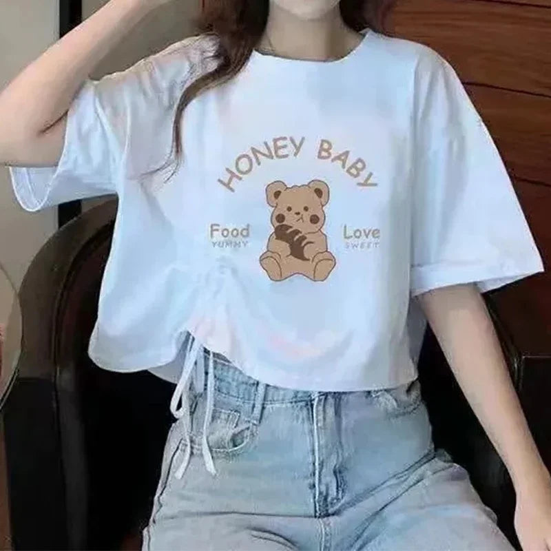 Women’s Drawstring Cotton T-Shirt | Loose O-Neck Drop Sleeve Pullover | Spring Summer Casual Solid Knit Top