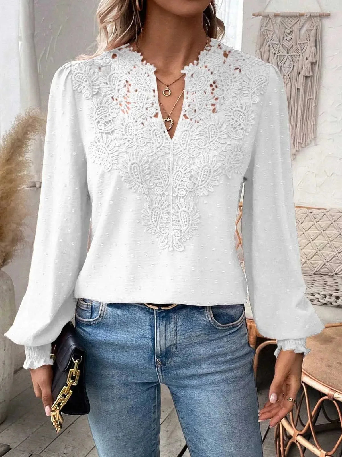 Women’s Long Sleeve Sweater – Fall 2024 Trendy Sexy Lace V-Neck Puff Sleeve Pullover Cute Tops 🍂✨