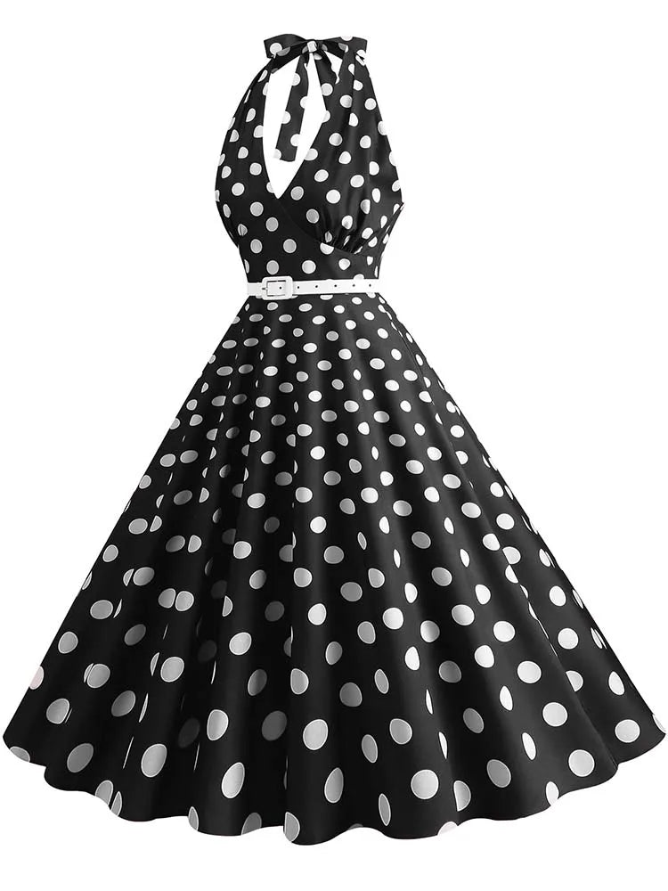 Women’s Vintage Halter Party Dress – Summer Polka Dot Midi Cocktail Prom Elegant Dress