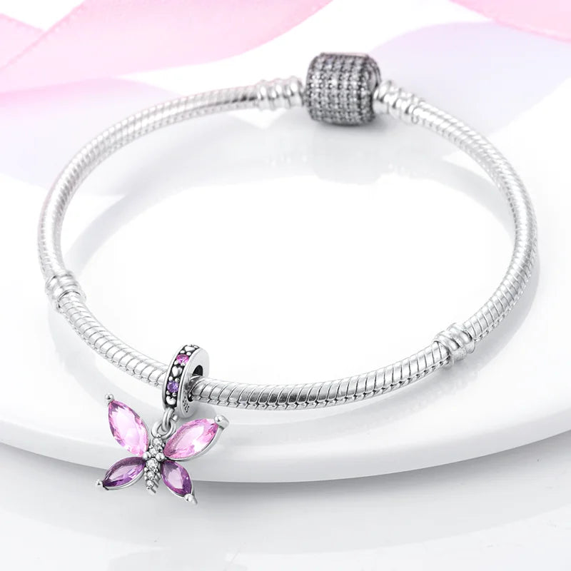 2025 Hot Sale 925 Sterling Silver Pink Butterfly Luminous Firefly Charm | Dangle Bead Fit Bracelet Necklace DIY Jewelry