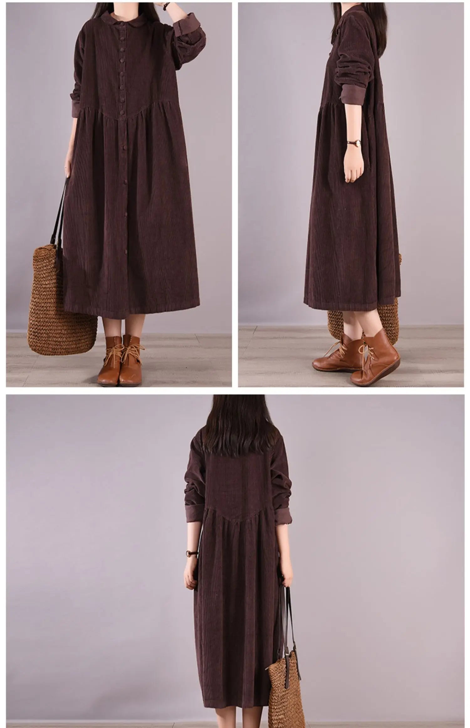 Retro Japanese Style Long Sleeve Corduroy Dress – Thick Fleece-Lined A-Line Winter Dress for Women | Solid Color