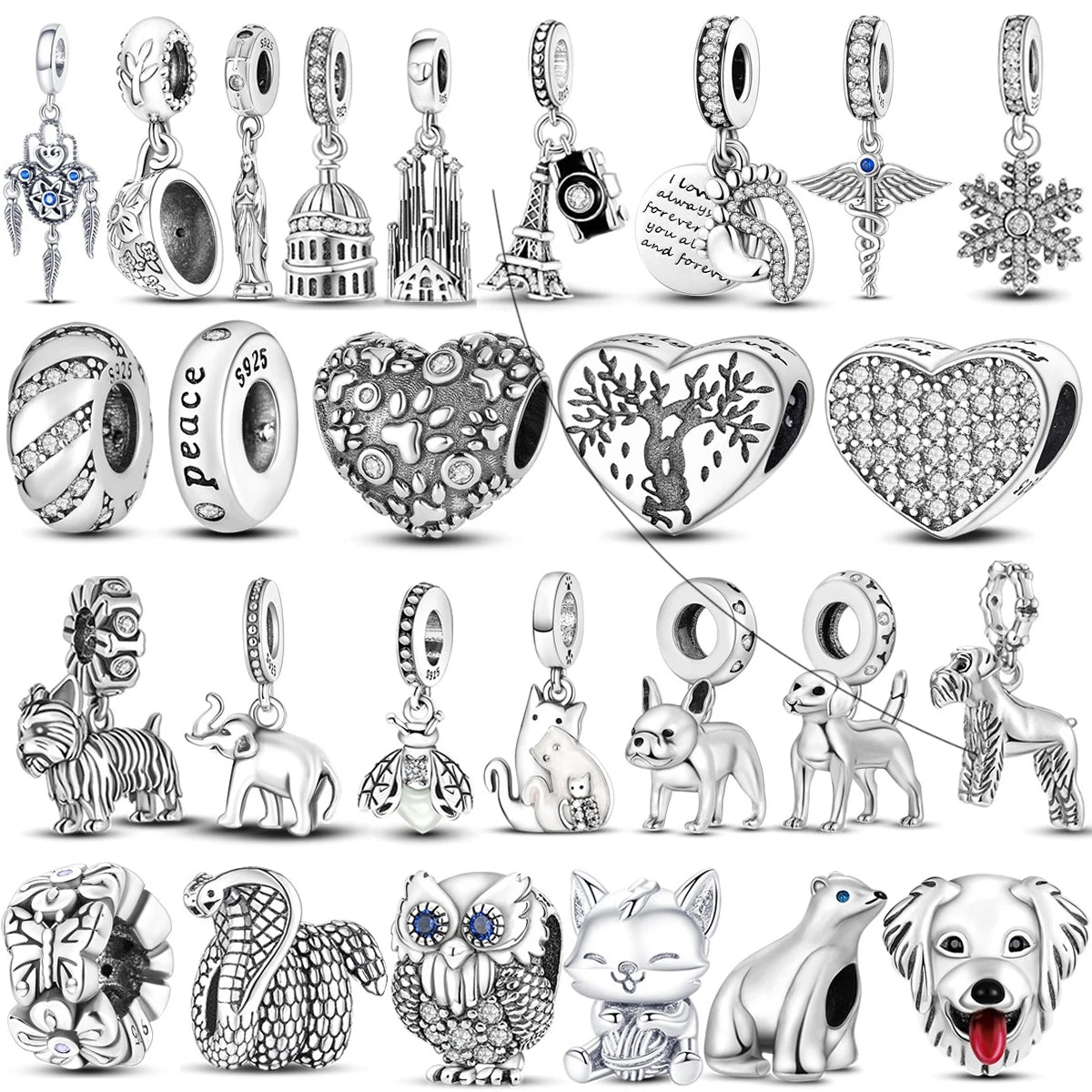 925 Sterling Silver Inlaid Zircon Love Heart & Snake Dangle Charm – Fits Original Pandora Bracelet, Women’s Jewelry Pendant Bead