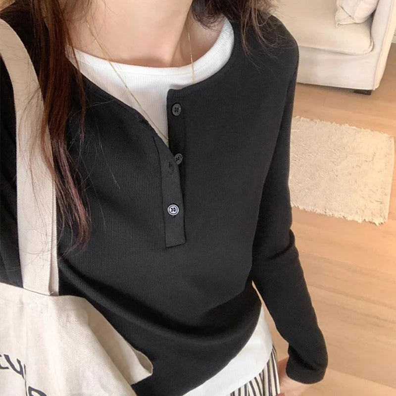 Slimming Effect Pure Cotton Long Sleeve Top – Women’s Loose Fashionable Base Shirt Spring Autumn 2025