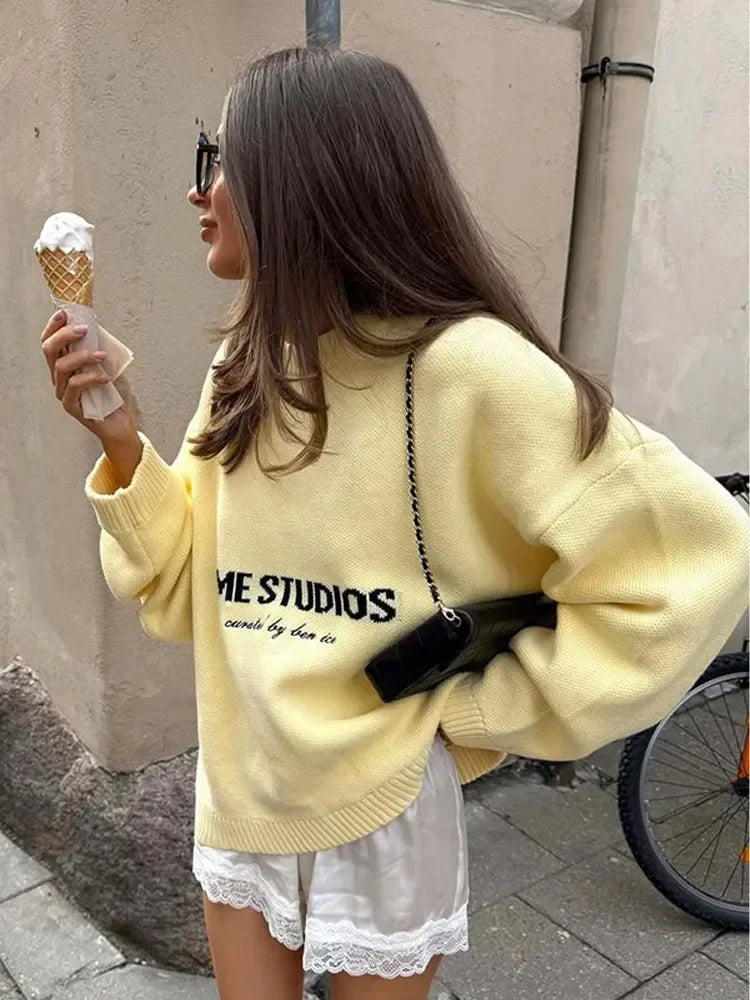 2025 Women’s Oversize Knitted Top | Full Sleeve Round Neck Pleated Loose Sweater | Autumn Daily Streetwear