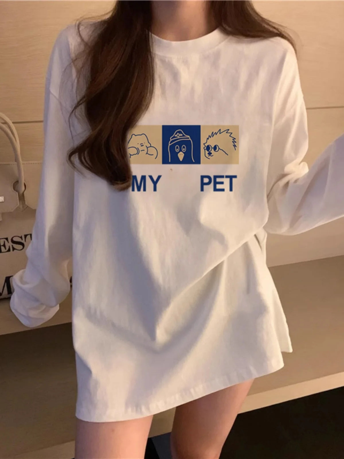 Women’s Long Sleeve Cotton T-Shirt | Fleece-Lined White Base Layer | Loose Fit Autumn Inner Wear