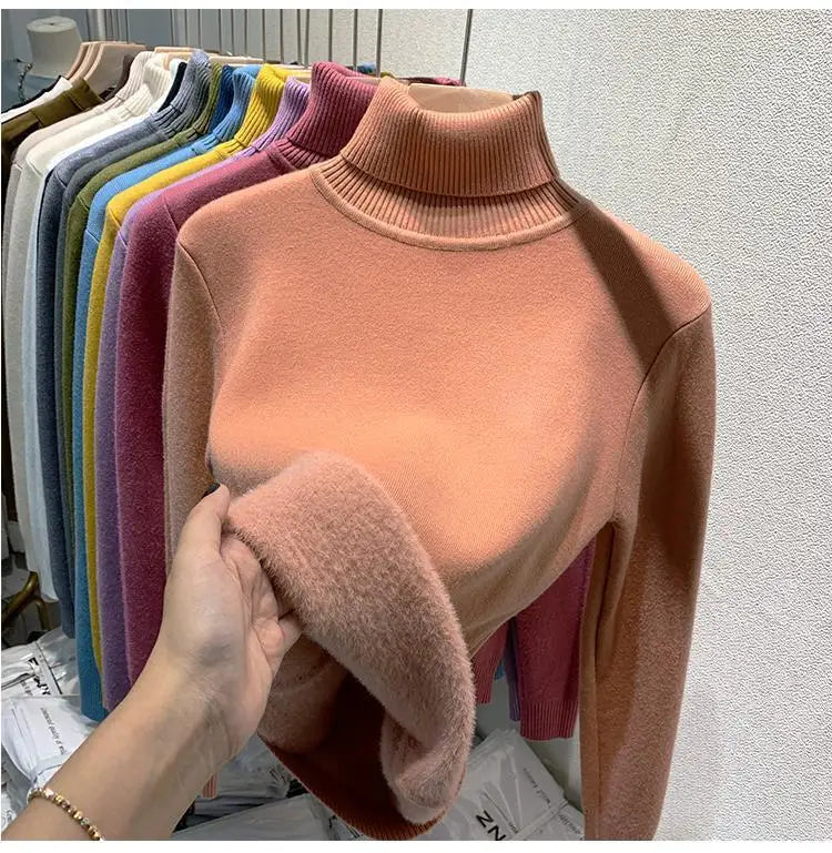 2025 Women’s High Collar Pullover Sweater – Thick Warm Soft Winter Top | Solid Color Bottoming Shirt