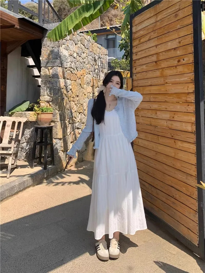 Summer 2025 Women’s Pure Cotton White Strap Dress with Long Sleeve Ice Silk Knitted Sun Protection Cardigan Set – Elegant Fashion