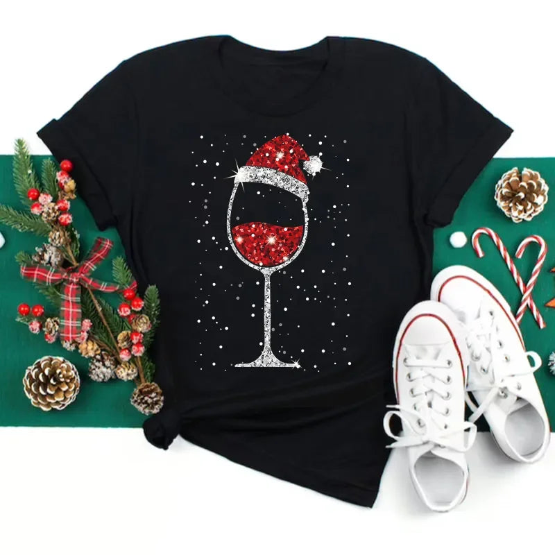 Women’s Christmas Wine Glass T-Shirt | Funny Holiday Black Tee Xmas Gift Top 2025