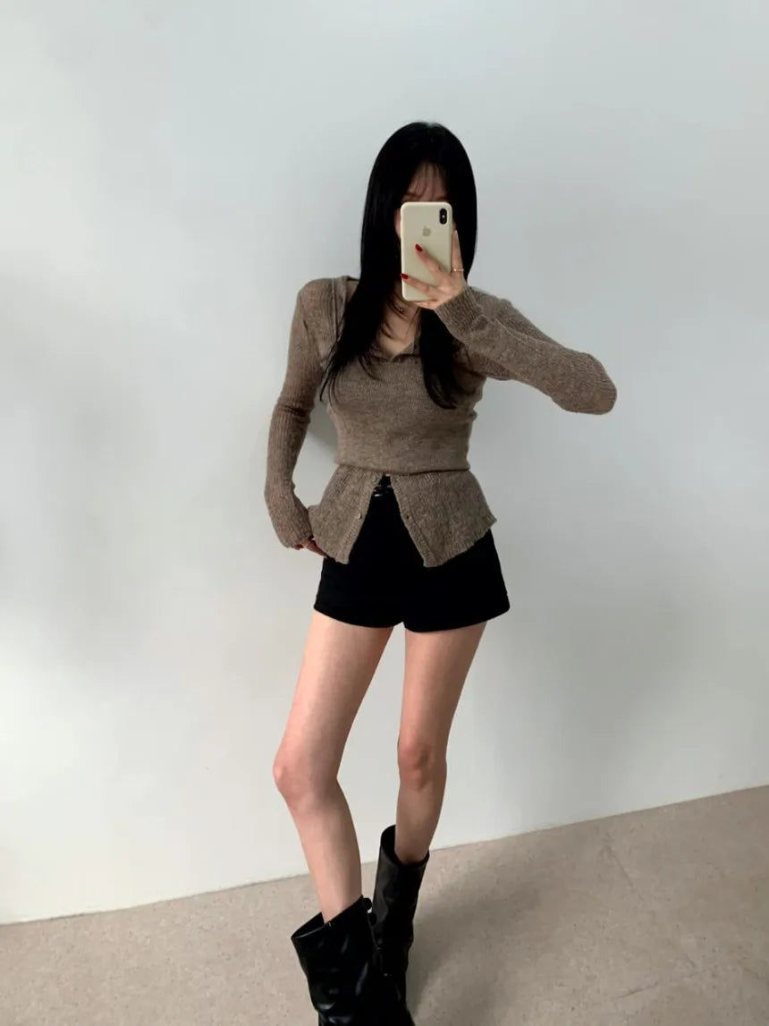 Simple round Ne Button up Knit Sweater Strap Set Casual Sle Polyester Fiber Open Cardigan for Women Autumn Winter ential