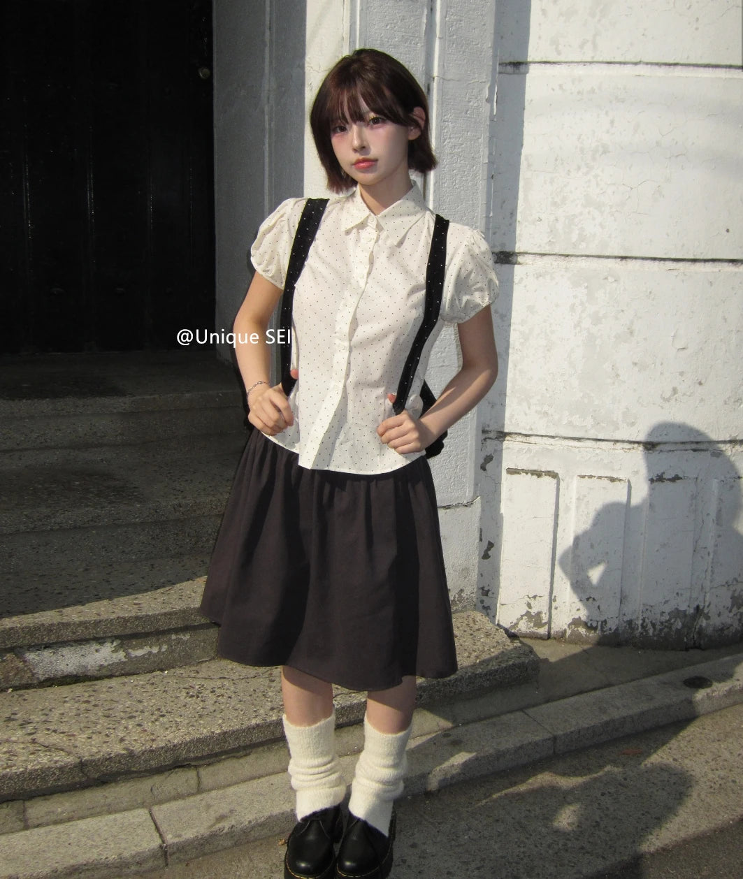 Sweet Korean Style Polka Dot Short Sleeve Blouse | Women’s Slim Fit Summer Top with Bubble Sleeves