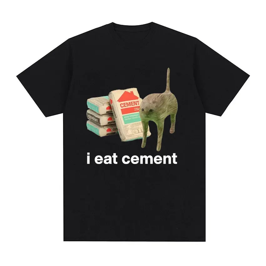 “I Eat Cement” Cursed Cat T-Shirt | Funny Meme Women’s Short Sleeve Casual Top