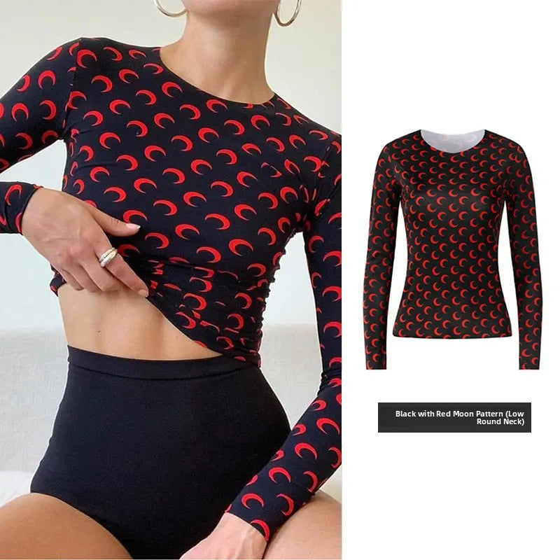 American Retro Women’s Two-Piece Set – Ice Silk Top & Pants with Moon Print Long Sleeve 🌙✨