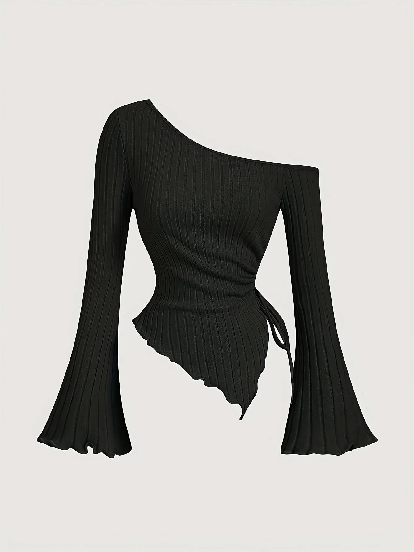 women's New off shoulder cross long sleeved slim fit casual street style asymmetrical elegant T-shirt trumpet sleeve top