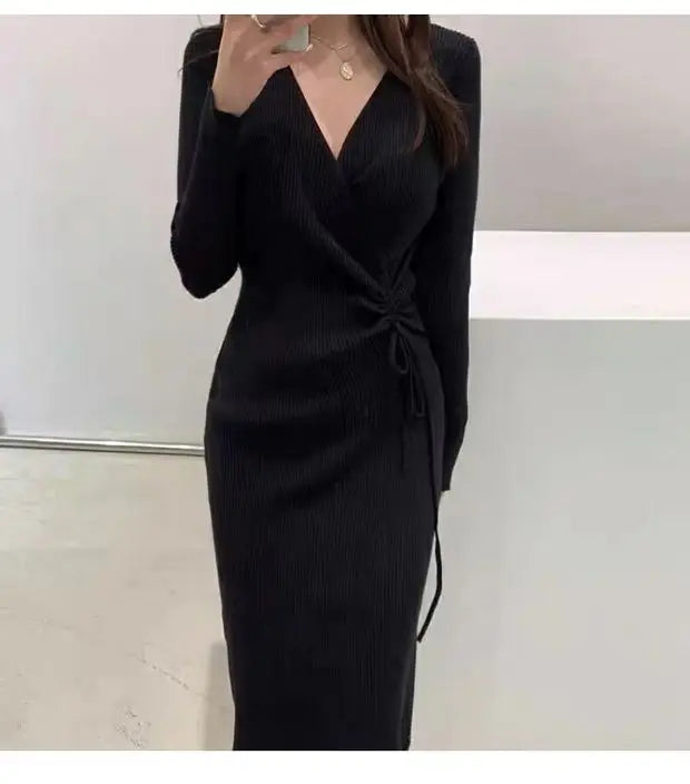 Chic V-Neck Pleated Drawstring Slimming Mid-Length Wrap Dress – Women’s Knitted Sweater Dress | Korean Style High Waist A-Line