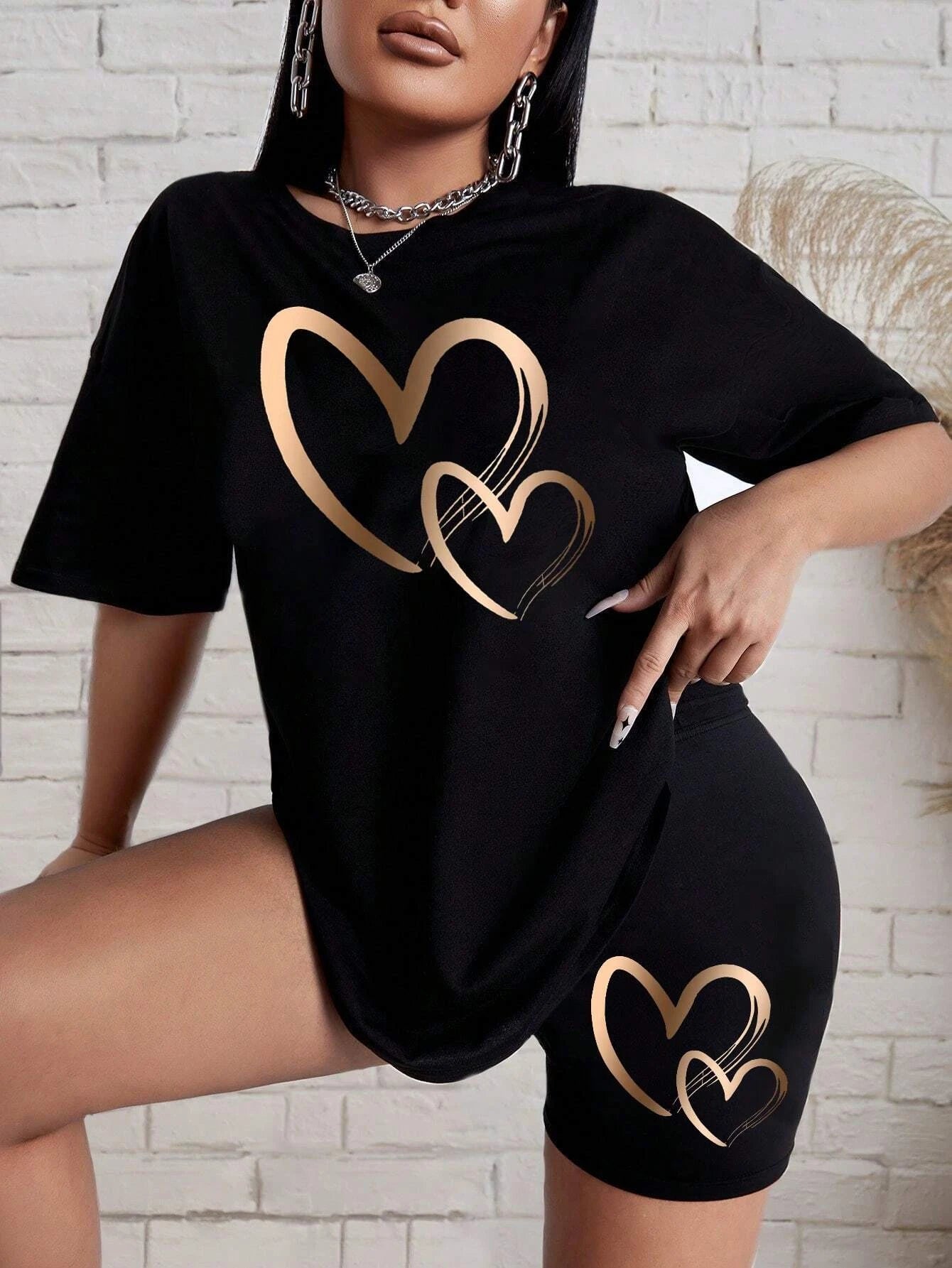 Women’s Love Pattern Cotton Two-Piece Set – Hip Hop Summer T-Shirt & Shorts Soft Breathable 👕💖