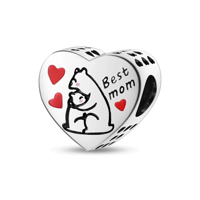 925 Sterling Silver Heart Shaped Warm Family Charm Beads Butterfly Flower Pendant