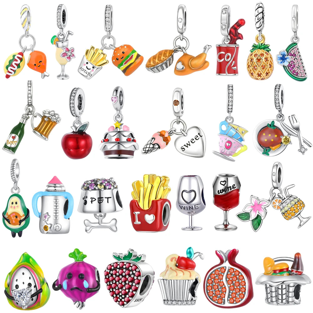 2025 New 925 Sterling Silver Coffee, Cake, Fruit & Burger Charms | Fit Pandora Bracelet & Necklace DIY Jewelry