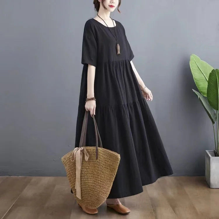 Cotton Linen Midi Dr Slimming A-Line Skirt High Waist Concealing Belly Summer New Sle Artistic Mid-aged And ly Wome...