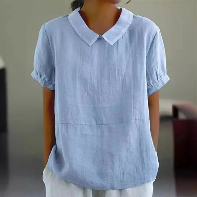 Women’s Summer Cotton Linen Lapel Pullover Shirt – Solid Color Short Sleeve Blouse 2024 👚☀️
