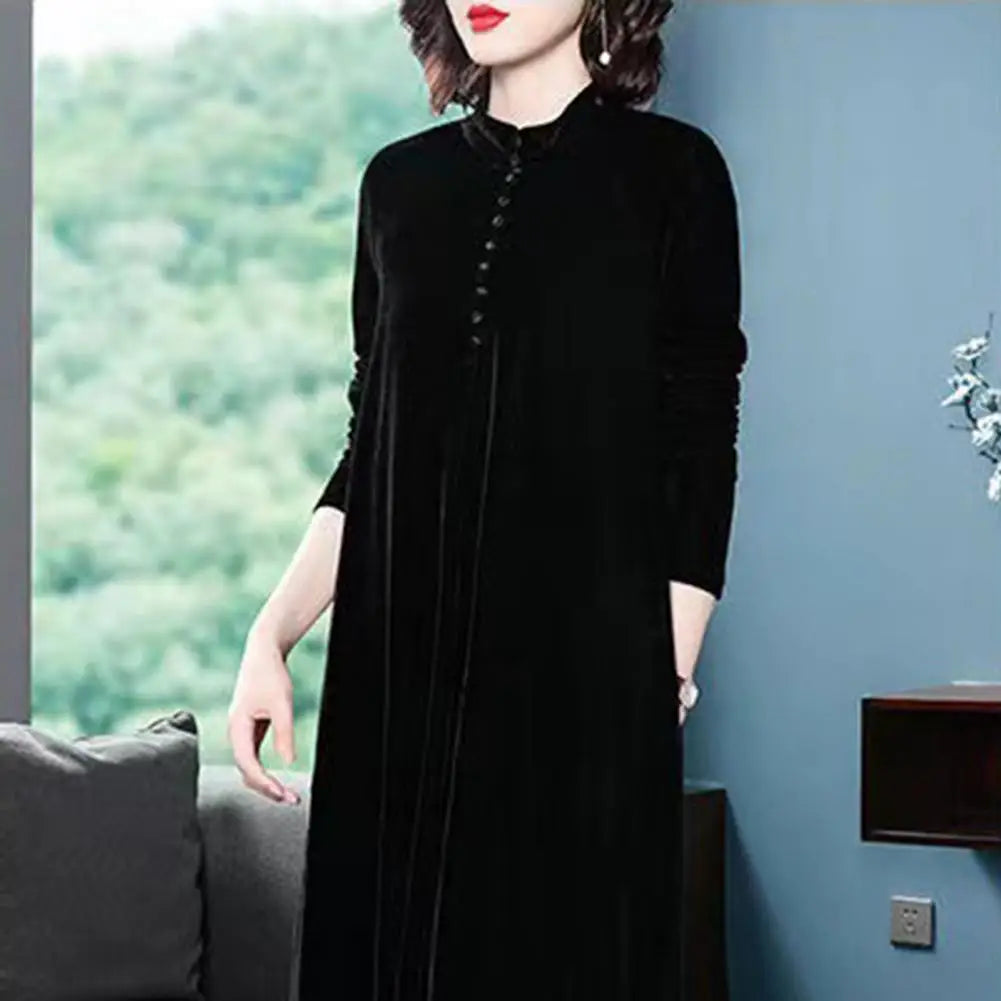 Golden Velvet Hooded Button Dress for Women – 2024 Elegant Plus Size Thermal Warm Spring Autumn Dress | Stylish Mom Dress