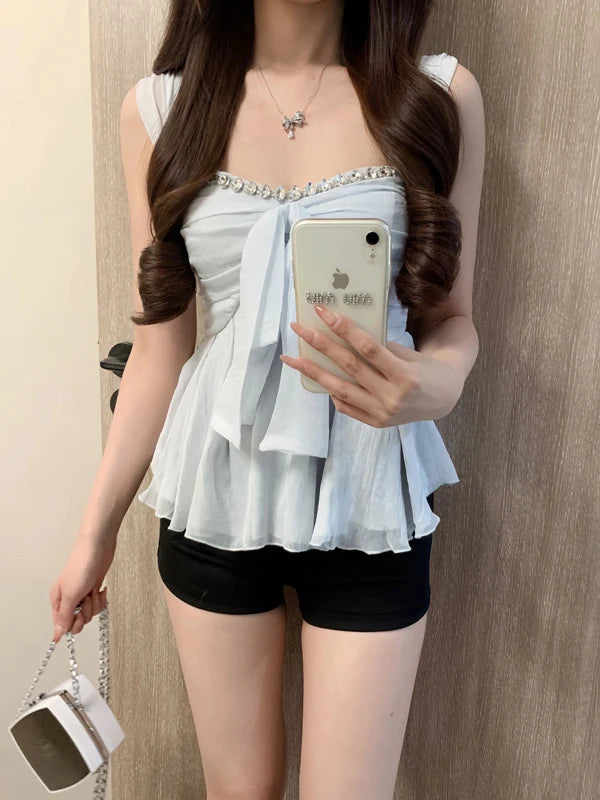 Pure Desire Knot Strap Diamond Vest – Women’s Summer Outdoor Waist Cinching Sleeveless Top Blue