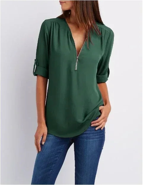 Summer Women’s Chiffon Blouse | Deep V-Neck Zipper Tops | Casual Loose Long Sleeve Plus Size Shirt