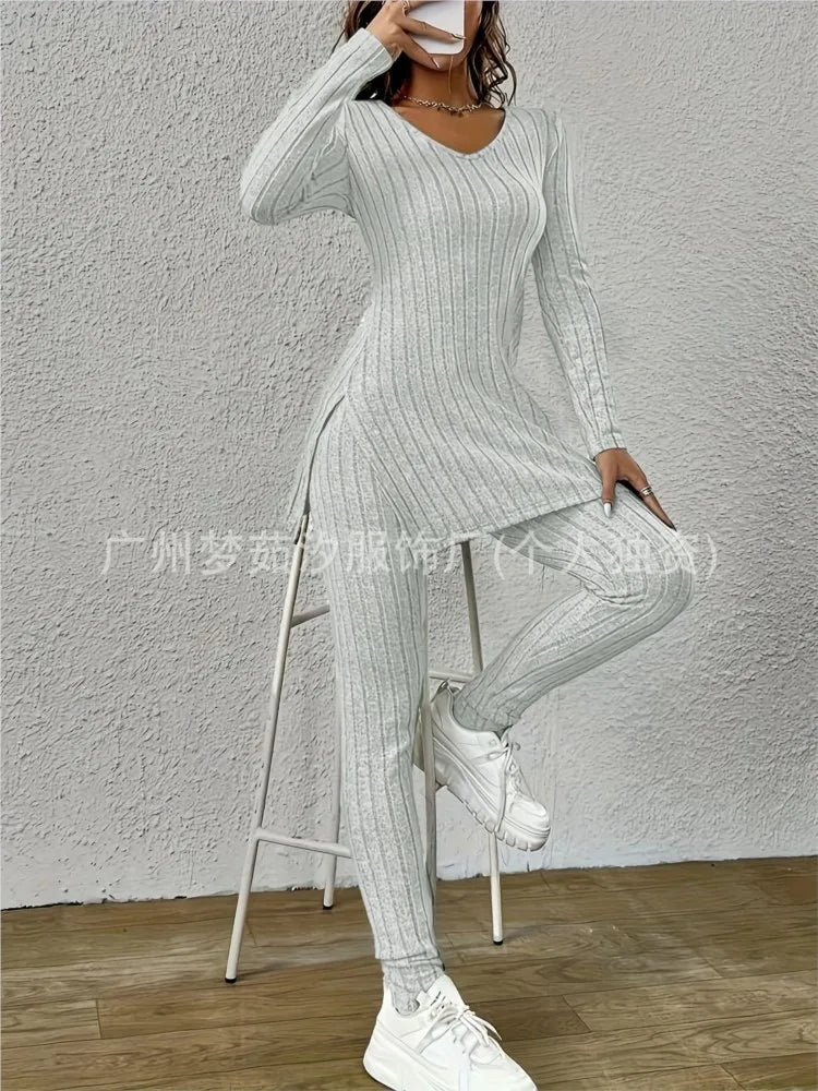 Women’s Knitted 2-Piece Set 🌸 V-Neck Pullover & Trousers Spring/Autumn ✨