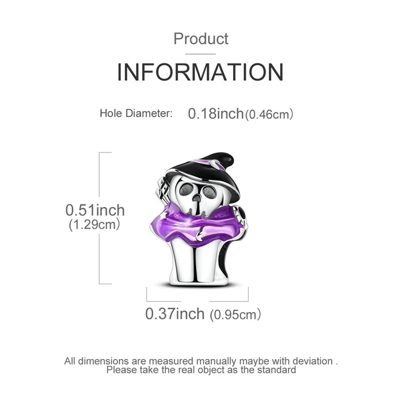 Halloween 925 Sterling Silver Charms | Pumpkin Skeleton Witch Bat Beads for Bracelet DIY Jewelry